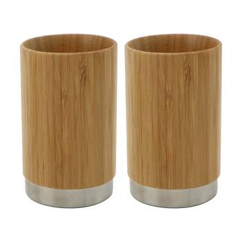 2PK NF Living Round Tumbler 7x11cm Bamboo & Metal For Bathrooms - Natural