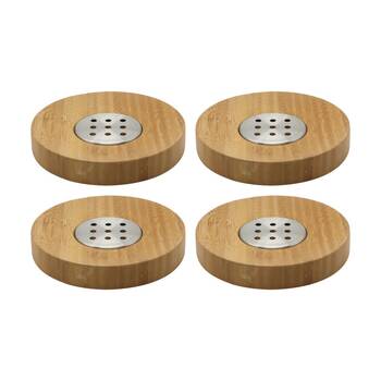 4PK NF Living Round Soap Dish 13x2cm Bamboo & Metal For Bathrooms - Natural
