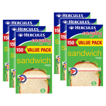6x 150pc Hercules Everyday Resealable Sandwich Bags 17x15.5cm Value Pack
