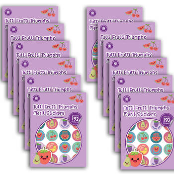 12x 192pc Learning Can Be Fun Tutti Frutti Triumphs Merit Sticker Book 28mm