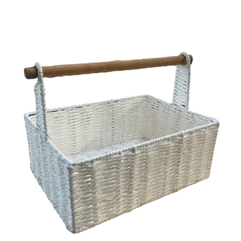 Maine & Crawford Cercy Paper Rope 30cm Basket w/ Wood Handle - White