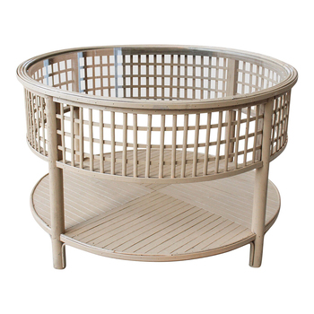 LVD New Rustic 79.5cm Bamboo Round Coffee Table w/ Glass Top - Natural