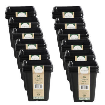 12x 6pc Antheia Plastic Square Garden Planter Pots Large Pack 11x11.5cm Black