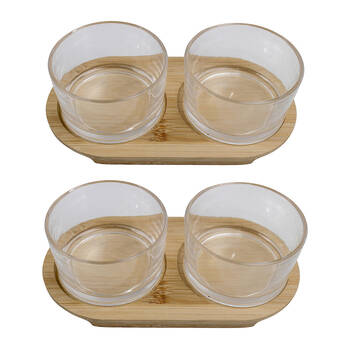 2x 2pc NF Living Glass Serving Set Bamboo Tray and Bowls 20x11cm Solid Clear