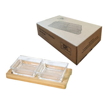 2pc NF Living Glass Serving Set Square Bowls Bamboo Tray 20cm Solid Clear
