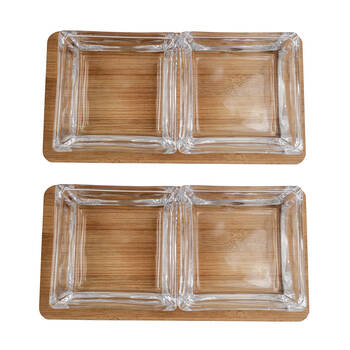 2x 2pc NF Living Glass Serving Set Square Bowls Bamboo Tray 20cm Solid Clear