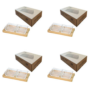 4x 2pc NF Living Glass Serving Set Square Bowls Bamboo Tray 20cm Solid Clear