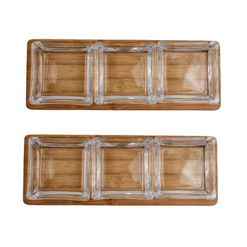 2x 3pc NF Living Glass Serving Set Square Bowls Bamboo Tray 30cm Solid Clear
