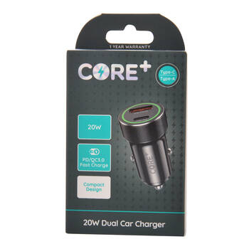 Core Type-C/USB-A Dual Port Car Charger 20W - Black