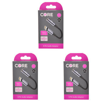 3PK Core Essentials 3.5mm Jack to 8-Pin Audio Adaptor - Black