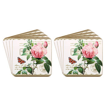 2x 4pc Gibson Gifts Redoute Rose Square Coasters Tableware Set