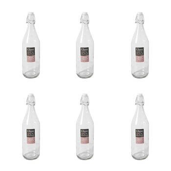 6PK Glass & Co Elle Tall Leak-Proof Clip Lid Round Water Bottle 1L Clear