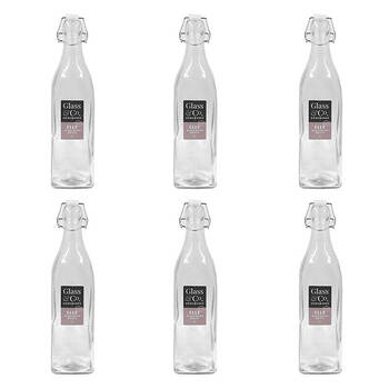 6PK Glass & Co Elle Tall Leak-Proof Clip Lid Square Water Bottle 1L Clear
