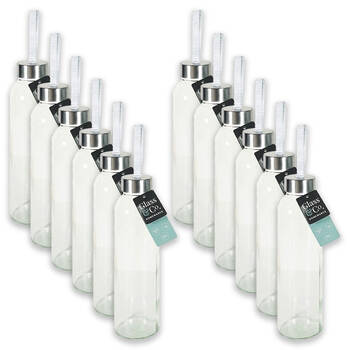 12PK Glass & Co Large Silver Screw Lid Drinking Bottle w/ Handle 500ml Clear