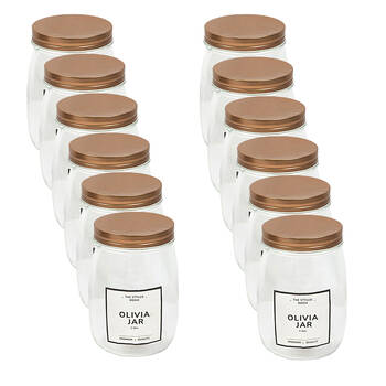 12PK Glass & Co Olivia Premium Round Squat Rose Gold Screw Lid Jar 1L Clear