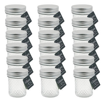 18PK Glass & Co Cleo Round Silver Lid Quilted Preserving Jar 200ml Clear