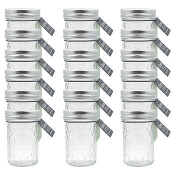 18PK Glass & Co Cleo Round Silver Lid Quilted Preserving Jar 250ml Clear