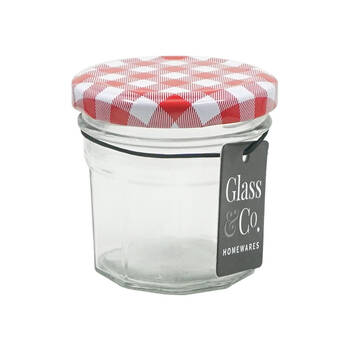 48PK Glass & Co Cleo 110ml Checked Lid Glass Jar - Clear/Red