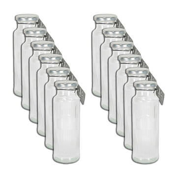 12PK Glass & Co Cleo Round Ribbed Silver Metal Lid Water Bottle 350ml Clear