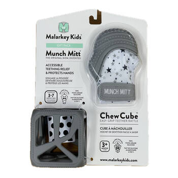 2pc Malarkey Kids Munch Mitt and Chew Cube Teething Relief Pack Grey 3m+