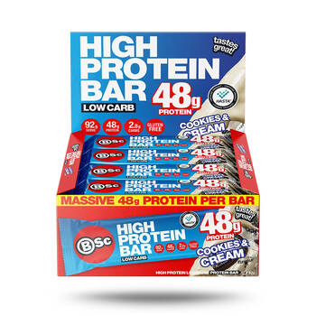 12PK BSc 48g High Protein Low Carb Bar Gluten Free 92g Serve Cookies & Cream