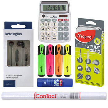 Grade 5-6 School Combo Maths Instruments/Highlighters/Calculator/Glue/Book Cover Roll/BK Earphones