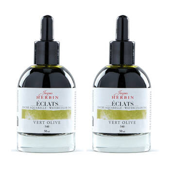 2PK Herbin Eclats Glass Bottle Watercolour Ink w/ Dropper 50ml Olive Green