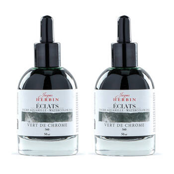 2PK Herbin Eclats Glass Bottle Watercolour Ink w/ Dropper 50ml Chrome Green