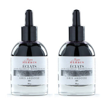 2PK Herbin Eclats Glass Bottle Watercolour Ink w/ Dropper 50ml Slate Grey