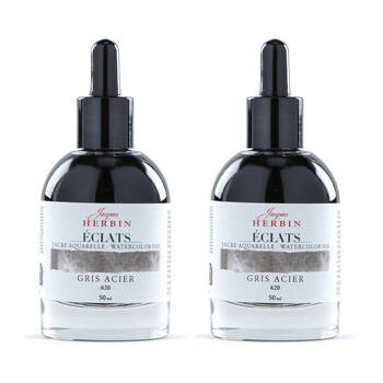 2PK Herbin Eclats Glass Bottle Watercolour Ink w/ Dropper 50ml Steel Grey