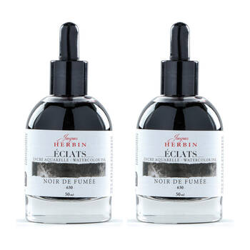 2PK Herbin Eclats Glass Bottle Watercolour Ink w/ Dropper 50ml Carbon Black
