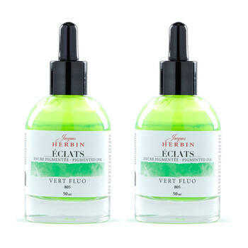 2PK Herbin Eclats Glass Bottle Rich Pigment Ink w/ Dropper 50ml Fluro Green