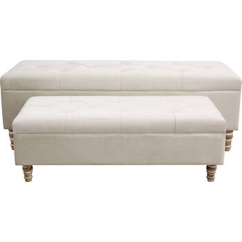 2pc LVD Sandstone Wooden Velvet Storage Ottoman Set 120x40cm/90x35cm Cream
