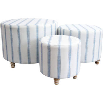 3pc LVD Linen Ottomans Stool Set 60x44cm/49x39cm/35x34cm Hamptons Stripes