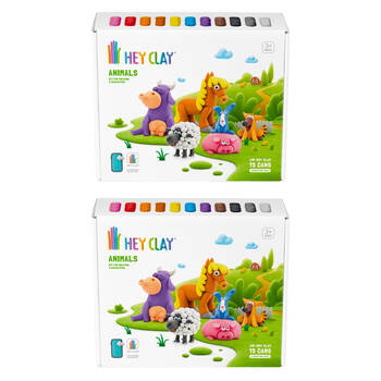 2PK Hey Clay Animals Theme Modelling Set w/15 Colour Cans & 2 Tools 3y+