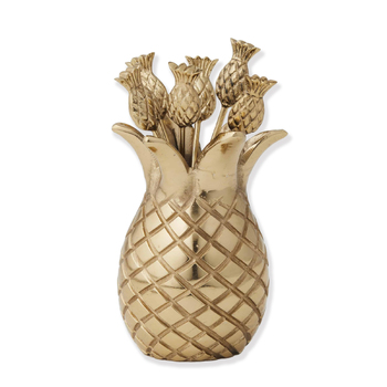 6pc Pilbeam Living Pineapple Cocktail Picks with Stand Brass