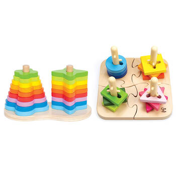 19pc Hape Double Rainbow Stacker 16pc Hape Creative Peg Puzzle Combo Set