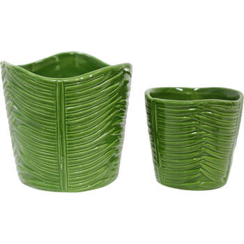 2pc LVD Porcelain Planter Pot Palm Leaf Set 11x10.5cm/8x7.5cm Green