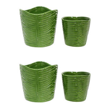 2x 2pc LVD Porcelain Planter Pot Palm Leaf Set 11x10.5cm/8x7.5cm Green