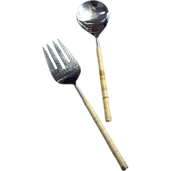 2pc LVD Stainless Steel Salad Server Rattan Handle 27cm
