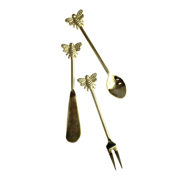 3pc LVD Charcuterie Brass Bee Server Spoon/Knife/Fork Set - Gold