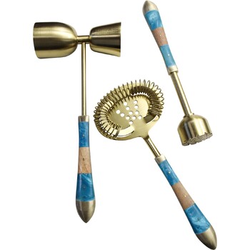 3pc LVD Mykonos SS/Brass/Resin Jigger/Strainer/Pestle Bar Set - Gold/Blue