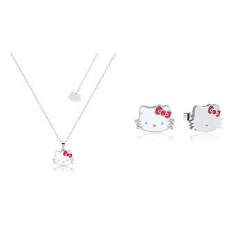 Couture Kingdom Hello Kitty Head Enamel Necklace & Stud Earrings Set Silver