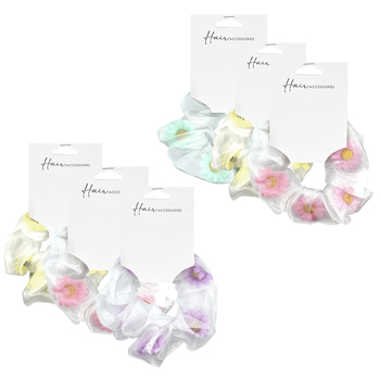 6PK Hair Accessories Scrunchie 13cm Organza Floral Insert Ponytail Accessory Assorted