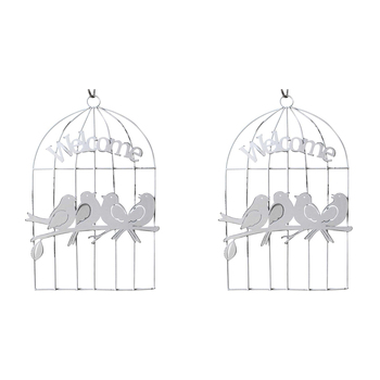 2PK LVD Hanging Birds In Cage Home/Garden Decor 14x21cm - White