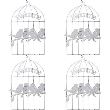 4PK LVD Hanging Birds In Cage Home/Garden Decor 14x21cm - White