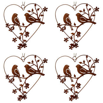 4PK LVD Metal Heart 2x Birds Home/Garden Decor 19x20cm - Brown