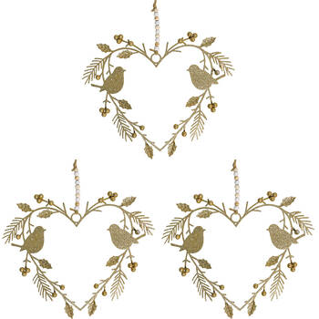 3PK LVD Hanging Heart Bird Metal Ornament Decor Gold 25cm