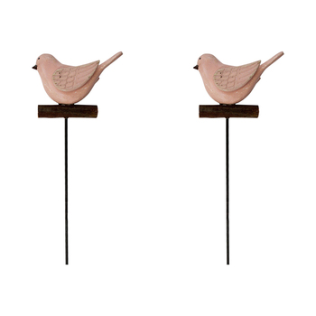 2PK LVD Metal 39cm Pot Stake Decorative Ornament Bird Pink