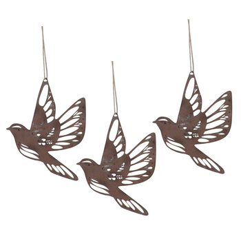 3PK LVD Hanging Bird Rust Small Home/Garden Decor 15x16cm - Brown